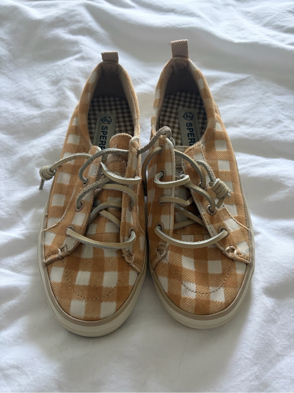 Sperry Women’s Coastal Grandma Tan and White Gingham Slip-On Sneakers NWOT